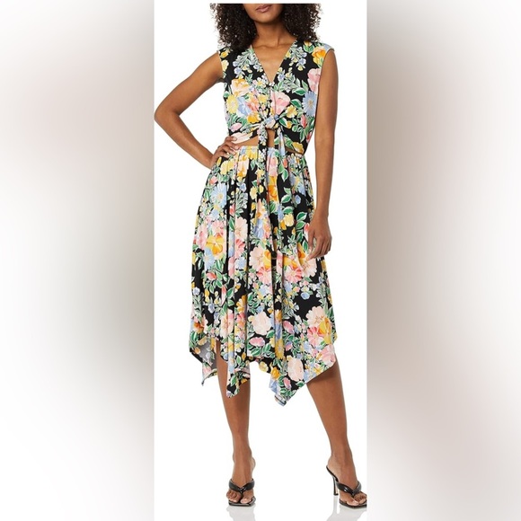 BCBGMaxazria Floral Assymetric Hem Tie Front Cut Out Knee Length Dress Sz Large - Picture 1 of 15